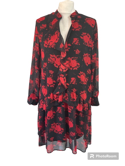 Dresses & Skirts - Zara black red floral print frill ruffle detail short dress M UK 10 12